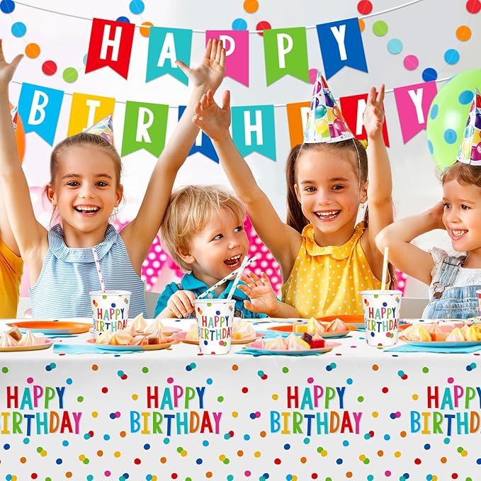 Happy Birthday Decorations: Birthday Party Supplies Set - Birthday Dots Design with Happy Birthday Tablecloth. Includes 3 Pack of 54X108inch Waterproof Plastic Table Covers for Boys/Girls Party