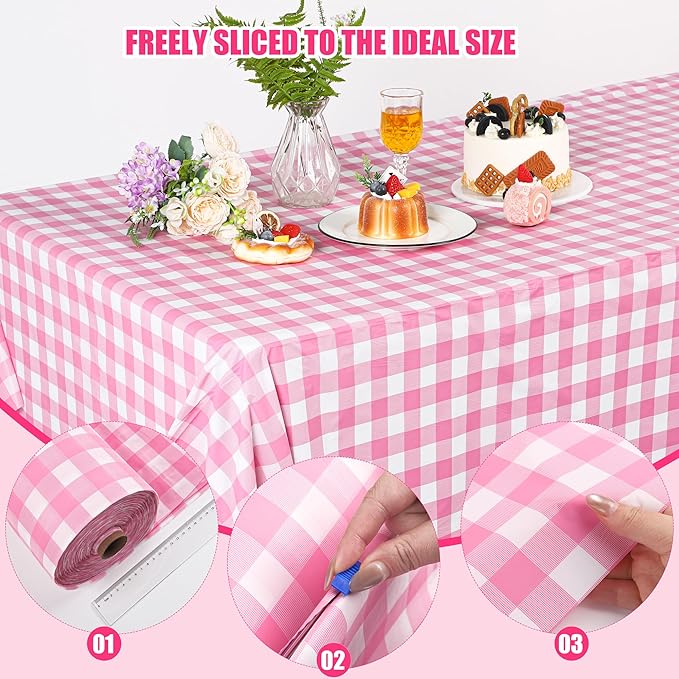 Kochorie 54 Inch x 300 Ft Light Pink Checkered Plastic Table Cloth Roll Disposable Waterproof Table Cover Plastic Table Cover Roll with Easy Slide Cutter for Outdoor Picnic/Home Dining/Spring Party