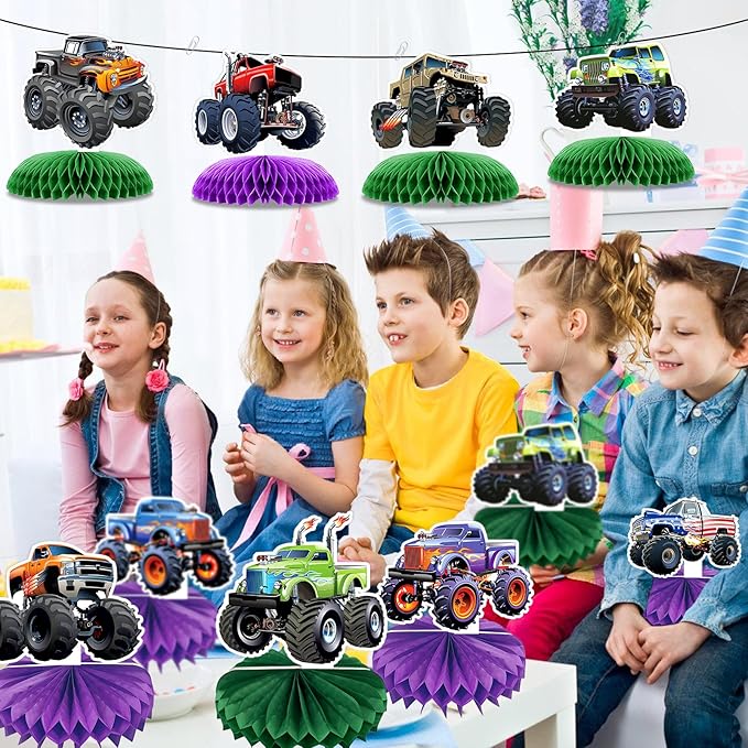 12 PCS Monster Truck Party Table Decorations, Monster Truck Birthday Honeycomb Centerpiece, Racing Car Theme Birthday Decoration for Boys Girls Baby Shower Kids Cake Decorations Party Supplies