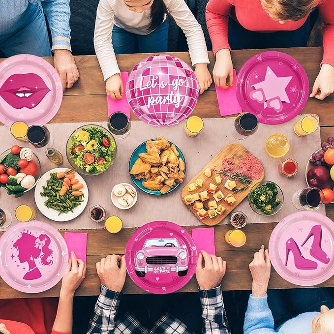 60Pcs Hot Pink Paper Plates 10" Heavy Duty Disposable Pink Girls Dessert Plates Let's Go Party Decorations for Women Girls Night Birthday Disco Bachelorette Bridal Shower Party Supplies