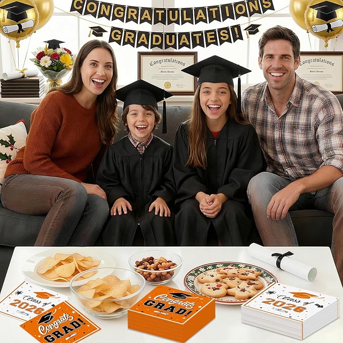 50 Pcs Graduation Napkins Decorations - Orange Class of 2026 Congrats GRAD 3-Ply Paper Cocktail Dinner Napkins Set for 2026 Graduation Party Supplies Table Decor Favors, 6.5 x 6.5 Inch