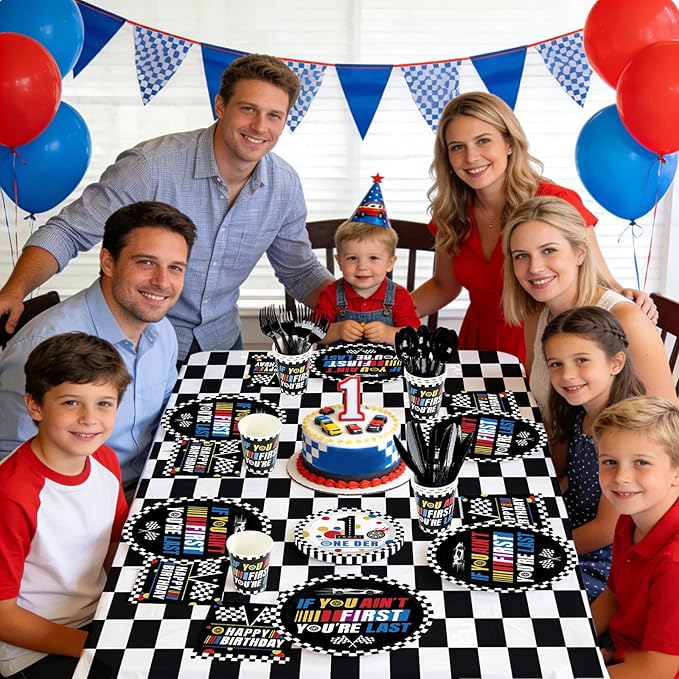 170 Pcs Race Car 1st Birthday Decorations for Boys Fast One Plates and Napkins Racing Cars First Birthday Tableware Set for Boys First Race Car Theme Party Supplies, Serves 24