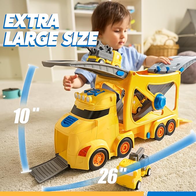 JOVA Extra Large Toy Trucks for Toddlers, 3-Layer Construction Trucks for Boys, 7-in-1 Big Carrier Truck with Siren & Lights and 6 Toy Cars, Birthday Gifts for Boys Kids