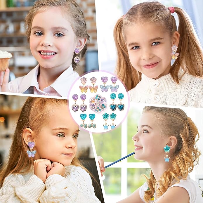Clip on Earrings for Girls, 16Pcs Kids Clip on Earrings for Little Girls Dangle Stick on Earring Party Favor, Toddler Earring Princess Pretend Play Dress up Jewelry Gifts