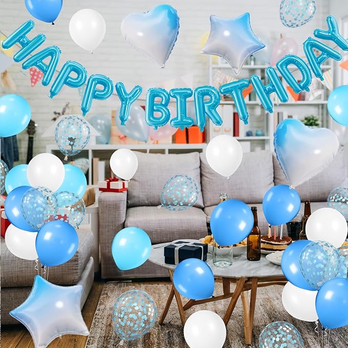 29PC Light Blue Happy Birthday Balloon Banner, 16 Inch 3D Letter Banner Sign, Light Dark Blue White Confetti Balloons 18 Inch Star Heart Foil Balloons for Kids, Men, Boys Party Decorations