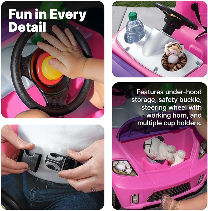 Step2 Whisper Ride II Kids Push Cars, Ride On Car, Seat Belt, Horn, Toddlers Ages 1.5 – 4 Years Old, Max Weight 50 lbs., Quick Storage, Stroller Substitute, Pink