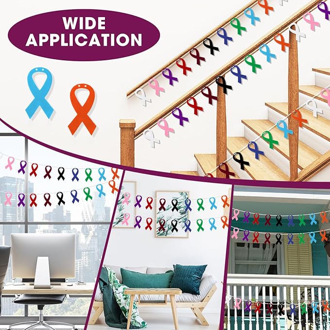 VitalCozy 10 Pcs Ribbon Awareness Banner 13.1 ft Ribbon Garland Cancer Awareness Decor Cancer Free Decorations for Society Events Groups Fundraisers Party Supplies (Multicolor)