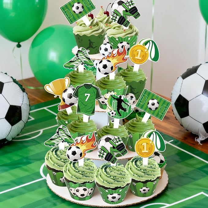 48 Pack Soccer Cupcake Toppers and Wrappers, Soccer Ball Party Cake Decoration for Sport Theme Birthday Party Baby Shower Supplies