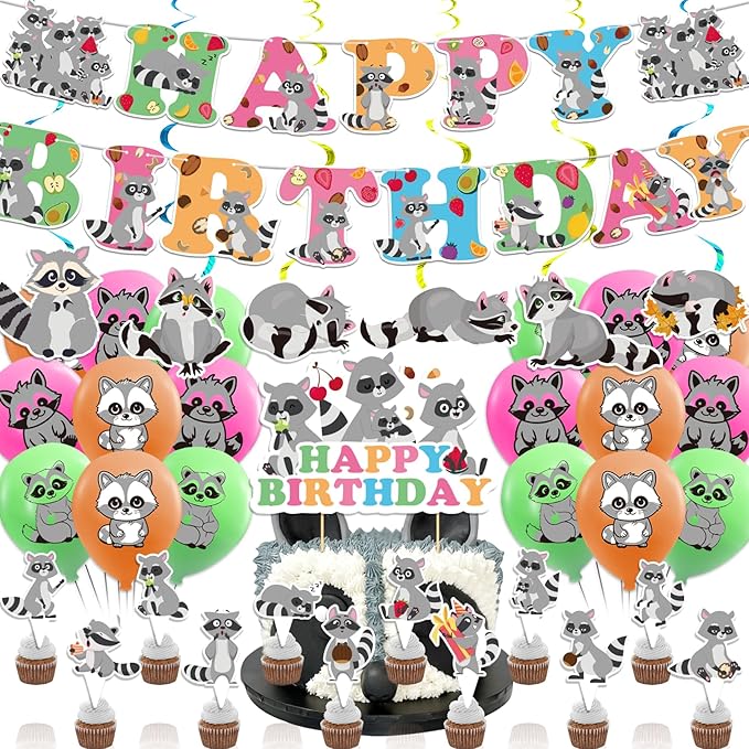 Raccoon Party Decorations Birthday Party Supplies Includes Banner Spirals Cake Topper Cupcake Toppers Balloons For Woodland Raccoon Party Baby Shower Decorations