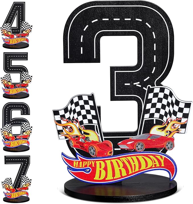 Race Car 3rd Birthday Number Sign Centerpiece Race Car Theme 3rd Birthday Party Supplies Wooden Table Decoration Photo Props for Boys Three Years Old