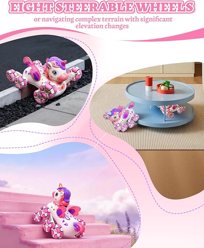 Remote Control Pink Robot Unicornios Pet - 8 Wheels Drift Race Outdoor Off-Road Car with 2.4Ghz 360°Automatic Demonstration Wings&Eyes Lights&Music, Birthday Toy Gift for 3+ Years Old Girls