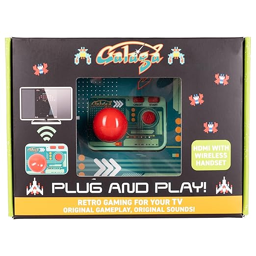 Galaga Plug & Play Arcade Console with TV Stick & Wireless Joystick – Classic Galaga Game On Your TV, Nostalgic Retro Gaming, Easy Setup, Ideal Gift for Gamers & Collectors.