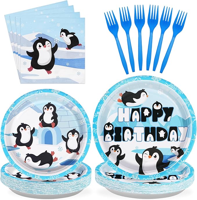 96 PCS Penguin Birthday Party Supplies 350 GSM Winter Penguin Plates and Napkins Disposable Tableware Set Penguin Birthday Decorations for Winter Penguin Theme Birthday Party Baby Shower Decor Serve24
