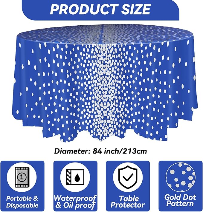 VitalCozy Round Dot Tablecloth 84 Inch Plastic Table Cover Polka Dot Confetti Tablecloths for Easter 2026 Graduation Prom Wedding Birthday Spring Party Supplies(Blue and Silver,3 Pcs)