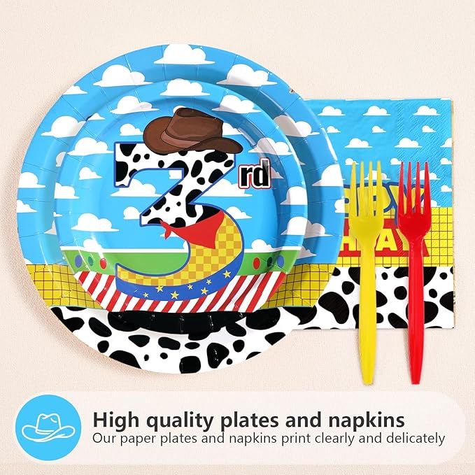 96Pcs Toy Cartoon Story 3rd Birthday Decorations Cow Print Blue Sky White Cloud Plates and Napkins Disposable Toy Inspired Story Cartoon Theme Tableware Set for Boy 3rd Birthday Party Supplies Serve24