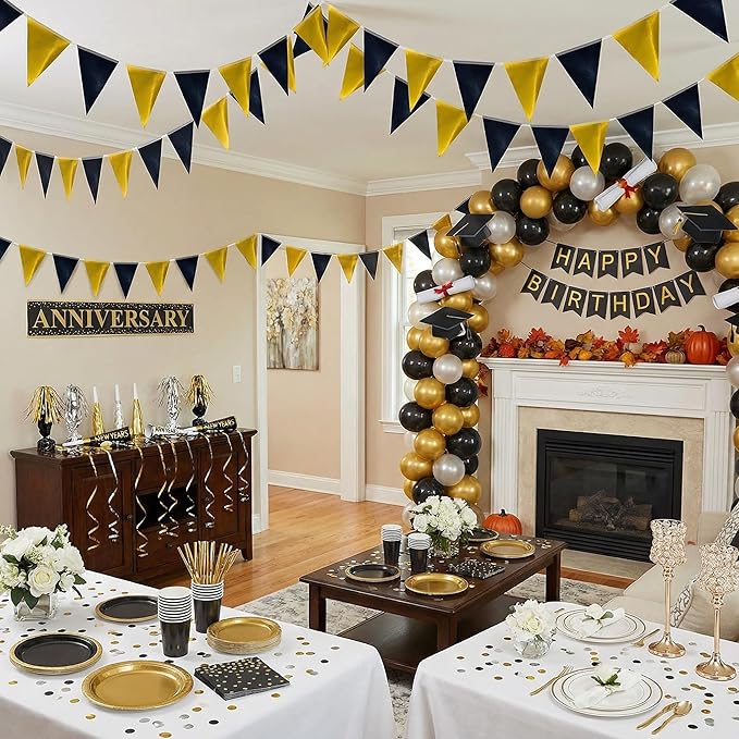 64ft Black Gold Triangle Pennant Banner Flag Metallic Paper Bunting Garland for Hanging Backdrop Birthday Party Decorations Graduation Bachelorette Bridal Wedding Baby Shower New Year Party Supplies