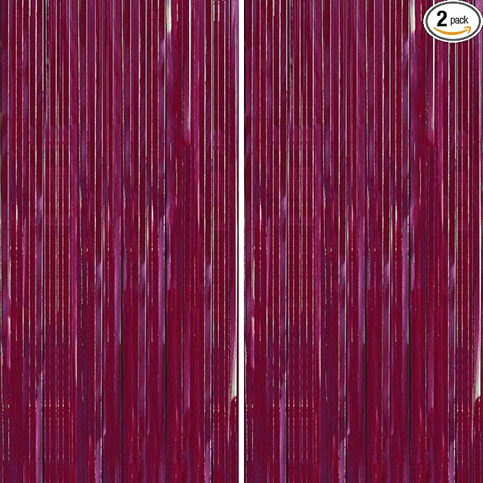 PartyWoo Foil Fringe Curtains, 2 pcs 3.3x6.6 ft Burgundy Red Streamers, Fringe Backdrop, Party Backdrop Curtain, Tinsel Curtains, Door Shimmer, Streamers Party Decorations for Birthday, Christmas