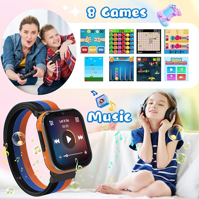 Smart Watch for Girls Boys, Kids Smartwatch with 4G SIM Card, Smart Watch for Kids Touch Screen SOS Emergency Call Calculator Clock Camera Games Music Player, Toys Gifts for Ages 4-12 (Black)