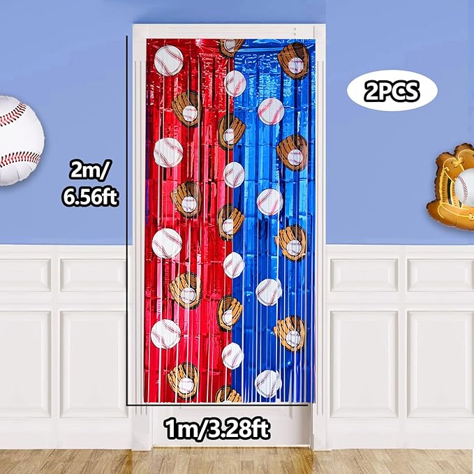 2 Pack Baseball Tinsel Foil Fringe Curtains Backdrop Party Decorations, Blue and White Red Door Streamers Banner Sports Themed Birthday Party Decor Supplies for Boys Favor