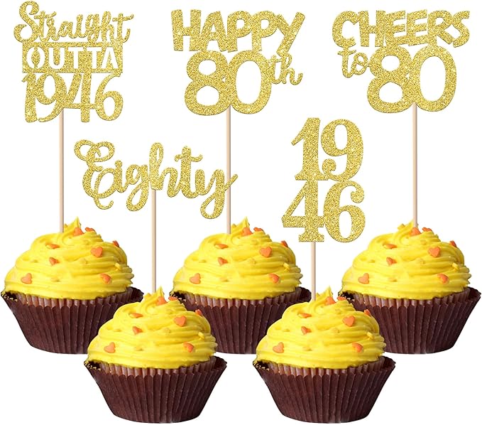 30PCS Happy 80th Birthday Cupcake Toppers Gold Glitter Eighty Straight Outta 1946 Cupcake Picks 80 Fabulous Cake Decorations for 80th Birthday Anniversary Party Decoration Supplies