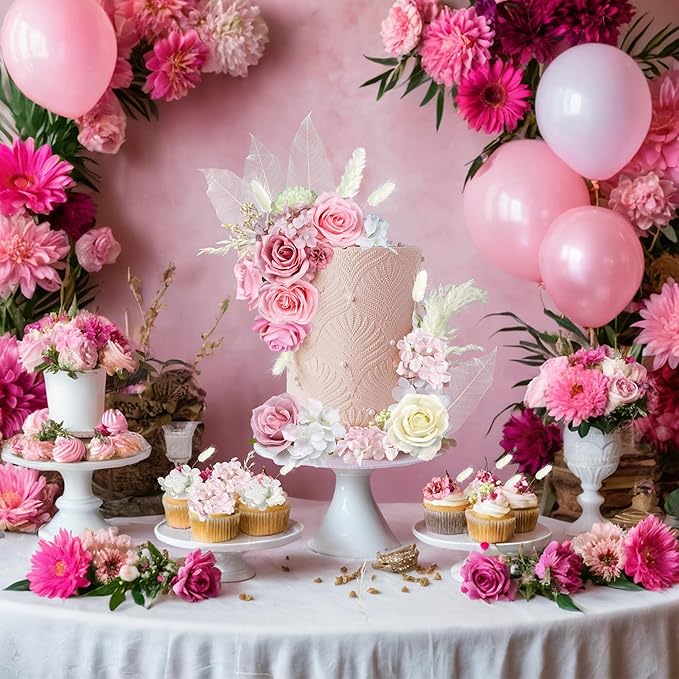 33 PCS Boho Cake Topper Decorations Vintage Artificial Rose Flowers Leaves Various Dried Pampas Grass for Cake Decorating Kit for Wedding Bridal Birthday Party Supplies (Pink)