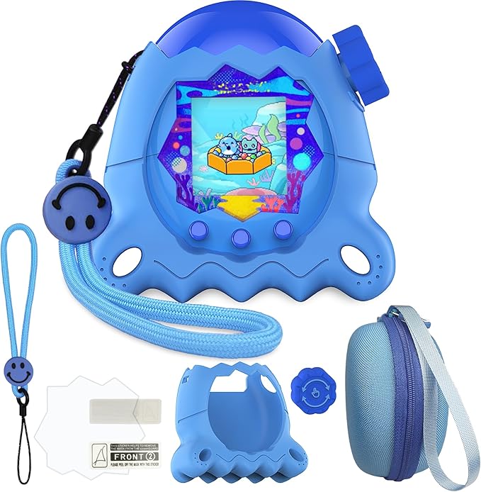 JCHPINE Hard Case and Silicone Cover for Tamagotchi Paradise Electronic Pet, Protective Cases for Tamagotchi Paradise with Screen Protector and Lanyard (Blue)