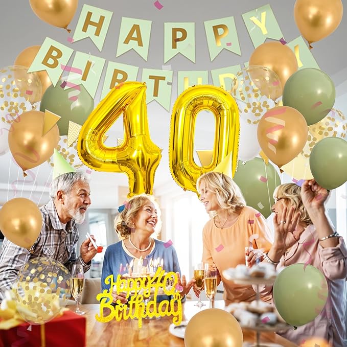 40th Birthday Decorations for Men Women, green gold Happy Birthday Party Decorations With gold Number 40 Balloons sage green Gold Confetti Balloons Fringe Curtain Cake Topper For 40th Party Supplies