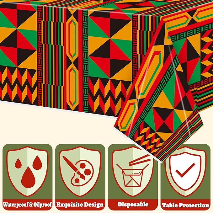3 Packs Happy Kwanzaa Happy Juneteenth Tablecloth Decorations, African Disposable Waterproof Plastic Striped Checkered Table Covers, Afro Tablecloths for African-American Party Favor Supplies