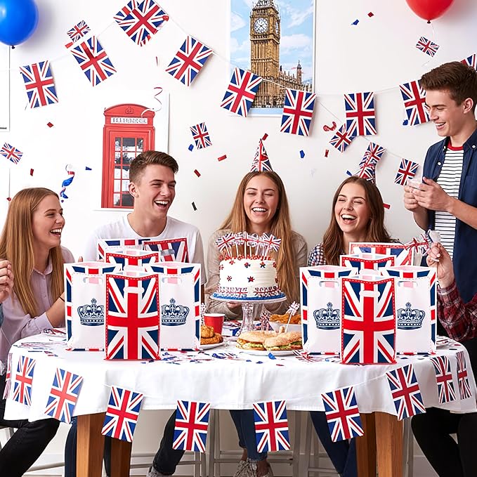 50Pcs British Flag England Party Favor Bag - UK Britain Crown Plastic Waterproof Goodie Bags United Kingdom Rectangular Gift Pack for Kids Family House Party Birthday Decoration Supplies