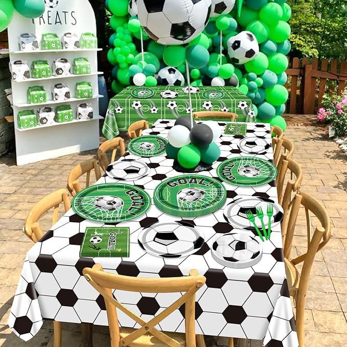 Soccer Party Supplies Kit Serve 20, Disposable Tableware Set Includes Dinner Plates, Dessert Plates, Napkins, Forks, Tablecloths for Boys Birthday Sports Theme Party Decorations