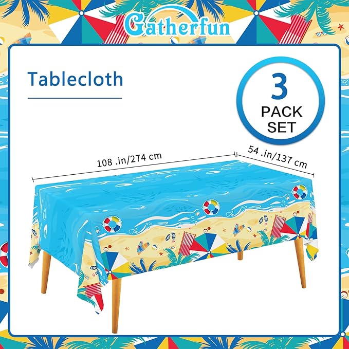 Gatherfun Beach Theme Party Supplies Summer Pool Disposable Tablecloth Plastic Waterproof Table Cover for Hawaiian Party Birthday Decorations, 3 Pack 54X108inch
