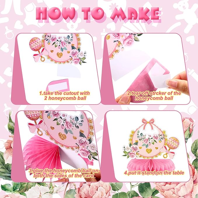 Pickmesh 12 Pieces Pink Gold Girls Baby Shower Decorations Honeycomb Centerpieces Pink Flower Bottles Balloons Carriages Baby Shower Table Decorations Table Topper for Gender Reveal Party Supplies