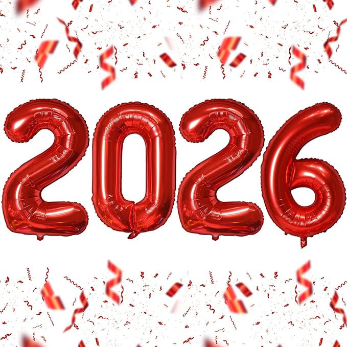 KALOR 16 Inch 2026 Red Foil Number Balloons, 2026 New Years Decorations for 2026 Happy New Year Eve and Graduations Party Supplies