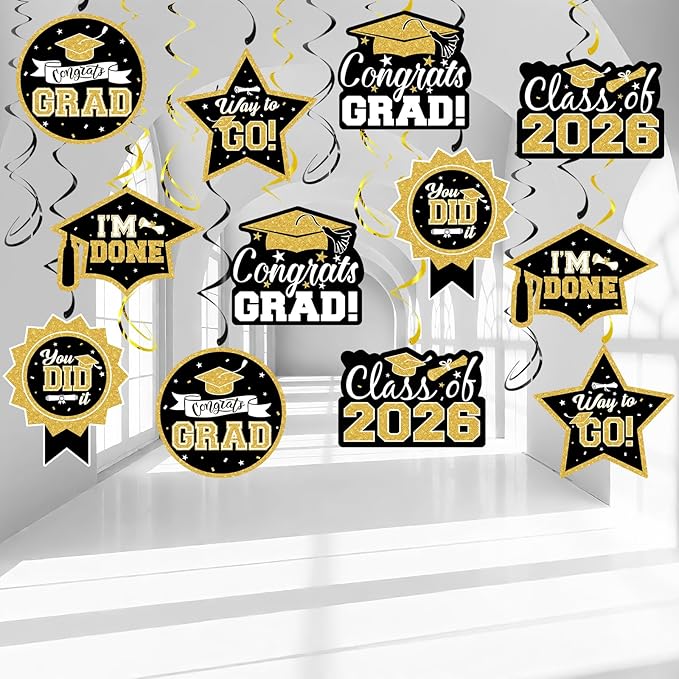 2026 Graduation Party Decorations - 30 Pcs Black Gold Class of 2026 Congrats Grad Hanging Swirl Ceiling Decor for Home School Classroom Graduation Party Supplies