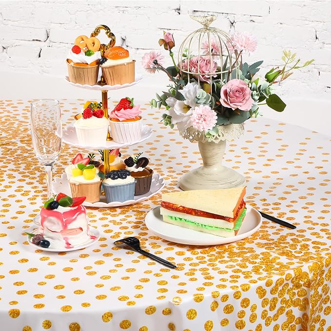 VitalCozy Round Dot Tablecloth 84 Inch Plastic Table Cover Polka Dot Confetti Tablecloths for Easter 2026 Graduation Prom Wedding Birthday Spring Party Supplies(White and Gold,12 Pcs)