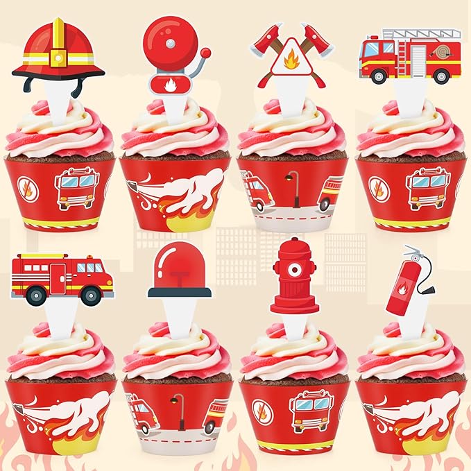 48 Pack Fire Truck Cupcake Toppers and Wrappers, Firefighter Fireman Party Cake Decoration for Firefighting Theme Birthday Party Baby Shower Supplies