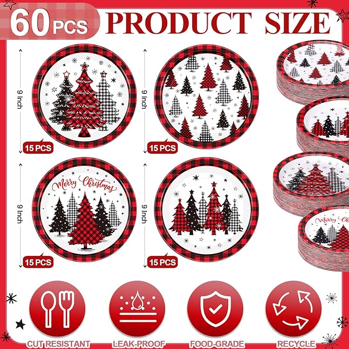 60 Pcs Red Christmas Paper Plates 9 Inch Xmas Buffalo Plaid Tree Snowflake Disposable Plates Merry Christmas Tree Themed Tableware for Holiday Xmas Winter Party Decorations Supplies