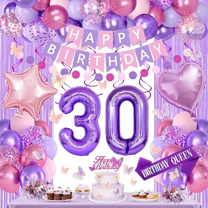 30th Purple Birthday Decorations for Women, Pink and Purple Happy 30 Birthday Party Decorations with Happy Birthday Banner, Number Foil Balloons, Butterfly Cake Topper for 30th Party Supplies