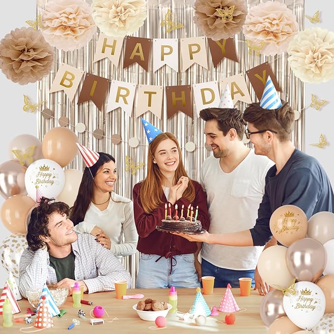 Neutral Birthday Decorations for Women Girls, White Sand Gold Confetti Metallic Printed Balloons Butterfly Stickers Fringe Curtain Happy Birthday Banner Circle Dots Paper Pompoms Party Decor Supplies