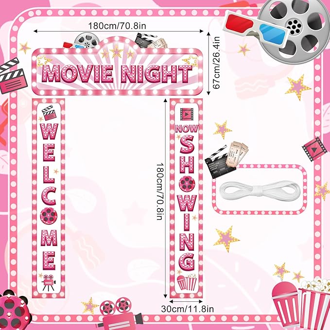 3Pcs Pink Movie Night Porch Banner Decoration Movie Theme Party Decorations Movie Theater Welcome Now Showing Door Banner Porch Sign Door Decor for Girls Film Theater Birthday Party Supplies