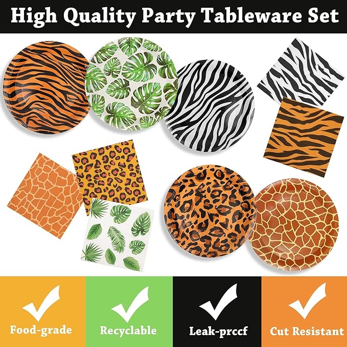 100Pcs Jungle Safari Wild Animal Party Supplies Disposable jungle zoo animal Print Paper Plates and Napkins for Birthday Party, Baby Shower and jungle safari theme party decorations