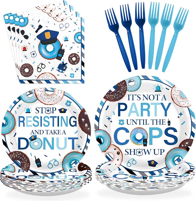 96Pcs Police Party Decorations Donut Party Plates and Napkins Sheriff Tableware for Police Birthday Retirement Decorations