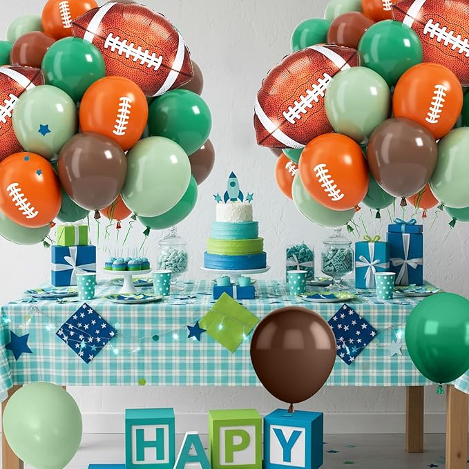 Football Balloons, 12 Inch Sage Green Brown Latex Balloon with Football Printed Foil Balloons, Football's Party Decorations for Men Sports Rugby Theme Birthday Game Party Supplies