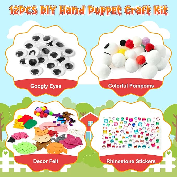 WATINC 12Pcs Hand Puppet Making Kit, Art Craft Felt Sock Puppet Toys, Creative DIY Make Your Own Pompoms Wiggle Googly Eyes Storytelling Role Play Party Supplies Gift for Girls Boys (Animals Farm A)