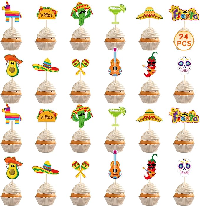 24 PCS Cinco De Mayo Decorations, 12 Style Fiesta Cake Toppers, Cocktail Guitar Chili Design Cinco De Mayo Cupcake Toppers Mexican Toothpicks, Taco Party Decorations Mexican Decor for Fiesta Party