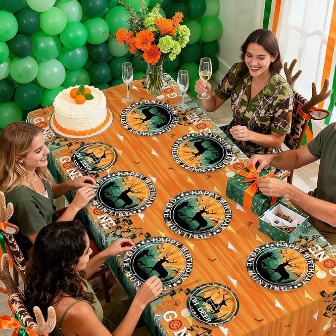 170Pcs Hunting Camo Party Decorations Oh Deer Hunting Birthday Plates Napkins Cups Forks Knives Spoons Tablecloths Hunting Theme Birthday Tableware Set for Kids Outdoor Camping Party Supplies Serves24