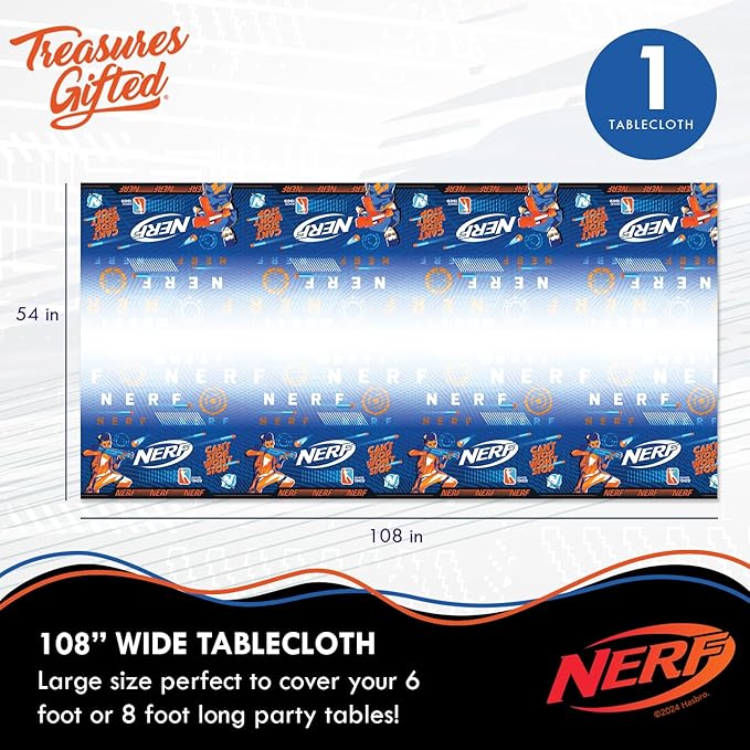 Treasures Gifted Officially Licensed Nerf Party Supplies - Pack of 1 Tablecloth - Nerf Birthday Party Decorations - Disposable Plastic Table Cover for Parties 54in x 108in