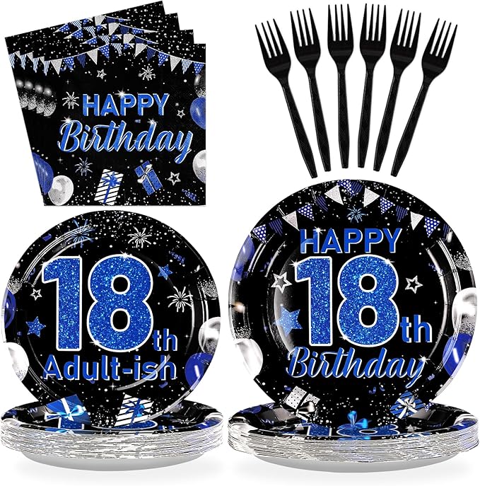 96Pcs 18th Birthday Decorations for Boys Blue and Black 18th Birthday Plates and Napkins Tableware Sets 18 & Adult-ish Party Decorations Favors for Teens 18 Years Old Party Supplies Serves 24