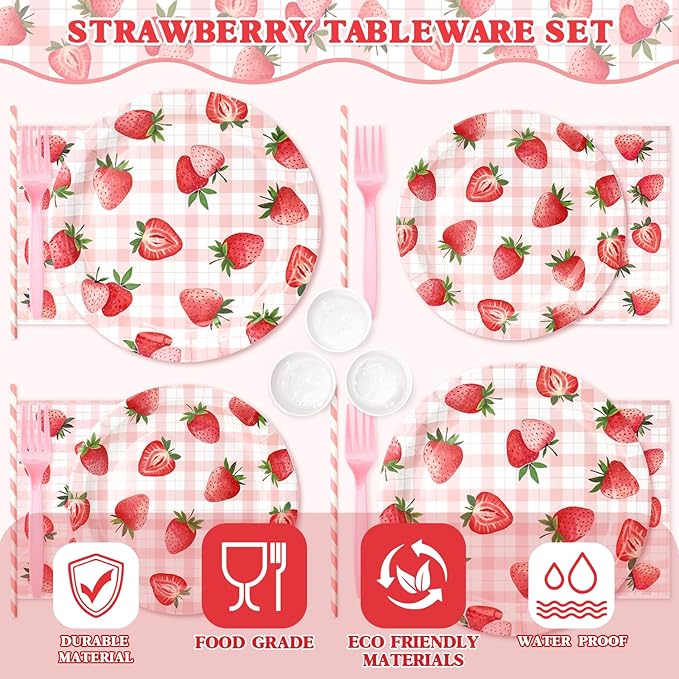 144 Pcs Strawberry Plates and Napkins Tableware Set, Plates Napkins Cups Straws and Forks Sets, Strawberry Party Birthday Supplies, Shortcake Birthday Decorations, Serves 24 Guests