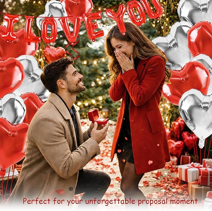 Happy Anniversary Balloon Kit Red and Silver I Love You Balloons Kit 18pcs Red Heart Foil Balloons Valentines Day Balloons Set Happy Anniversary Balloon Decorations for Wedding Bridal Shower